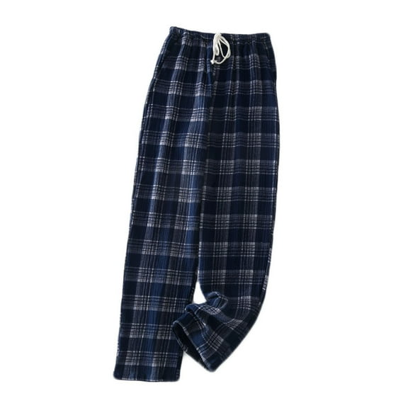 Aobny Cotton Fancy Men's Pajamas Blue Comfy Sleep Pants Plaid Straight-Leg Pjs for Teen
