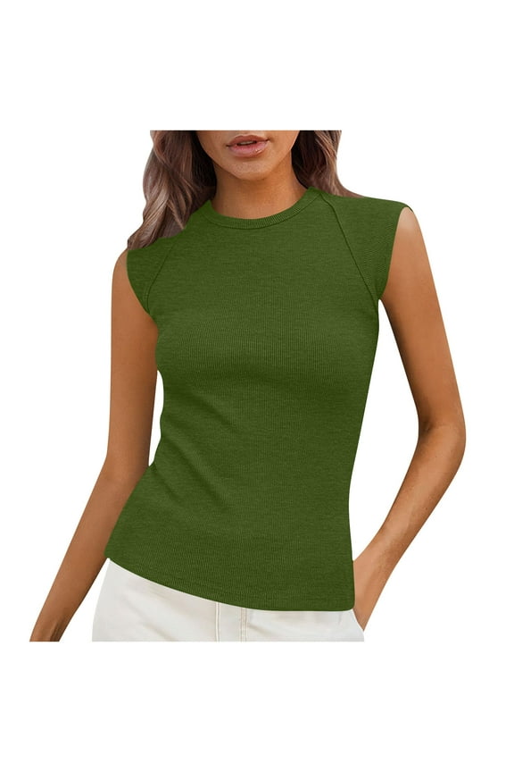 Cotton Going Out Casual Women's Tank Tops Basic Green Tops Ribbed Crew Neck Muscle Tees for Teen