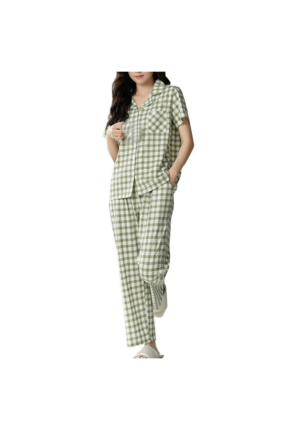 Cotton House Womens Pajamas Button Up Green Collared Straight-Leg Plaid Short Sleeve Sleepwear Sets Ladies Lounge