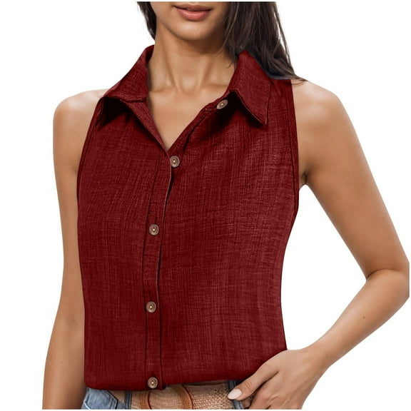 Aobny Cotton Linen Blouses for Women Casual Sleeveless Red Button Up Collared Tops Blouse Summer Shirts for Women 2025,XL