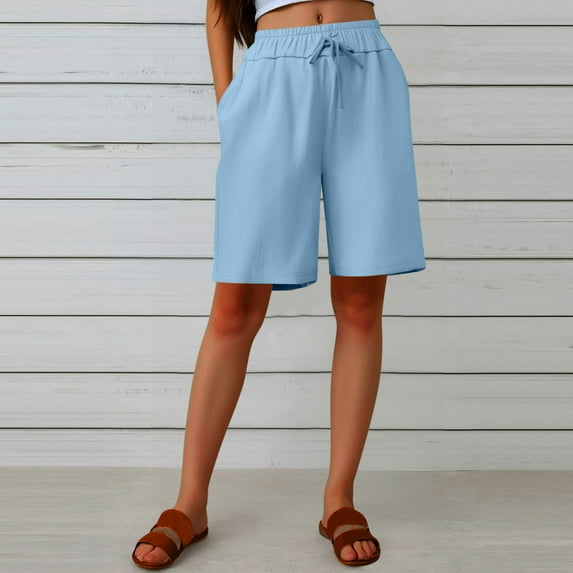 Aobny Cotton Linen Woman Shorts Solid Bermuda Clothing Baggy Casual Plus Size Graphic Shorts,Blue,M