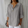 thumbnail image 1 of Aobny Cotton Linen Women T Shirt Plain Oversized T Shirt Henley 3/4 Sleeve Gray Plus Size Fitted T Shirts for Women,XXXL, 1 of 6