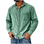 Aobny Cotton T Shirts Solid Button Down Mens T-Shirts Polos Collared Long Sleeve Big & Tall Men Shirts,Green,L