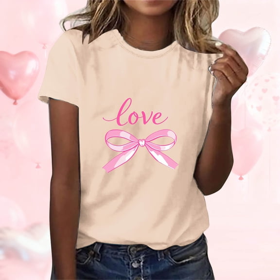 Aobny Cotton Women Shirts Valentine Tshirt Crew Neck Beige Short Sleeve Pullover Work Out Tops,L