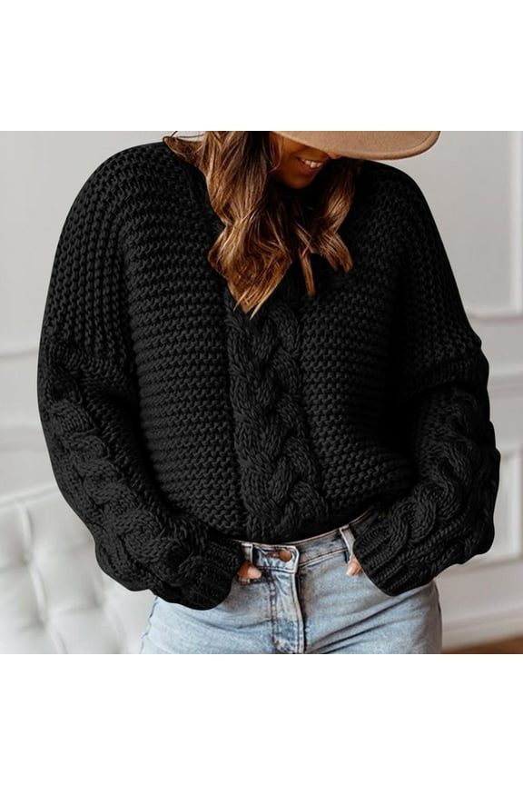Cozy Sweaters for Women Black Oversized Long Sleeve Solid Cable Knit V-Neck Pullover Juniors Tops Dressy