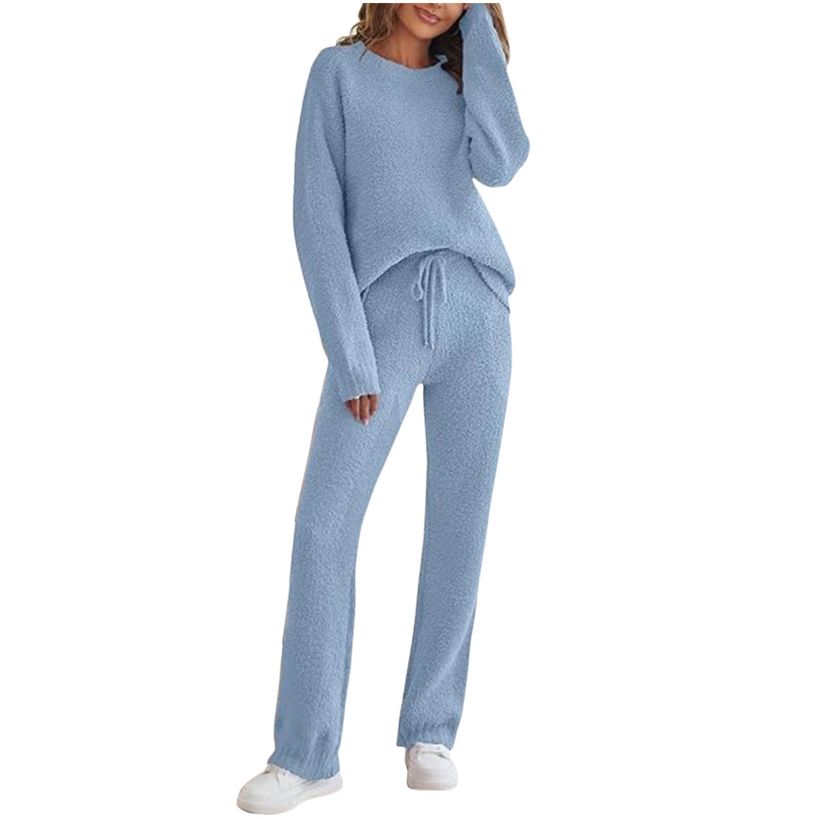 Aobny Cozy Womens Pajamas Set Warm Blue Plus Size Petite Solid Long Sleeve & Pants Pajamas for Teen Set Winter