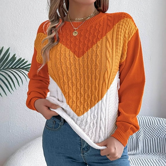 Aobny Crew Neck Cozy Sweaters for Women Long Sleeve Knitted Cable Knit Orange Pullover Color Block Dressy Tops,XL