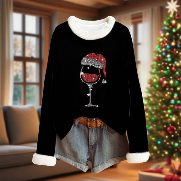 Aobny Crew Neck Winter Clothes for Women Christmas Black Long Sleeve Sweatshirts Shirt Pullover Fleece Ladies Tops,M