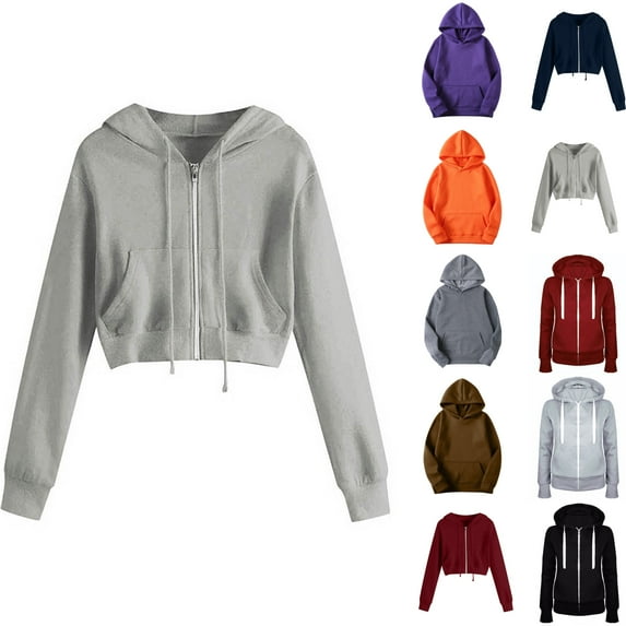 Aobny Cropped Sweatshirt Women Gray Zipper Hoodie Hooded Long Sleeve Sweatshirts Women