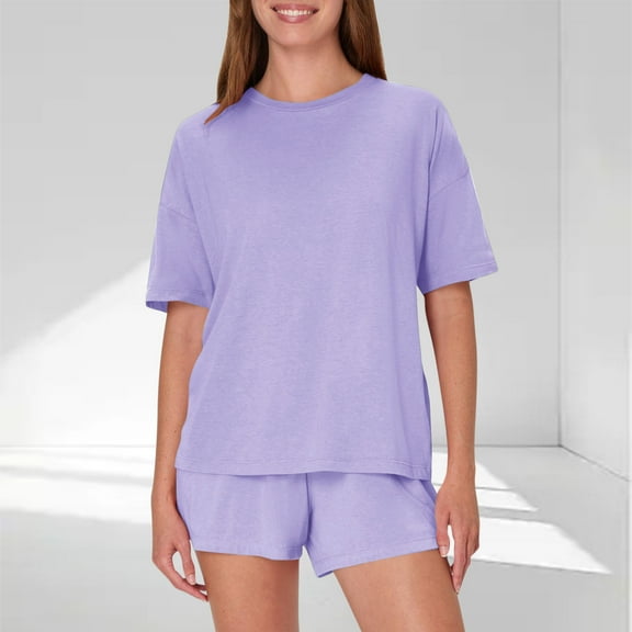Aobny Cute Comfy Women's Pajamas Purple 2 Piece Sleepwear Sets Wide-Leg Cooling Crew Neck Pjs for Adult