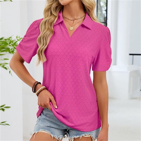 Aobny Cute Shirts Polo Eyelet Womens Blouses Hot Pink Short Sleeve Collared Pullover Boho Tops,S