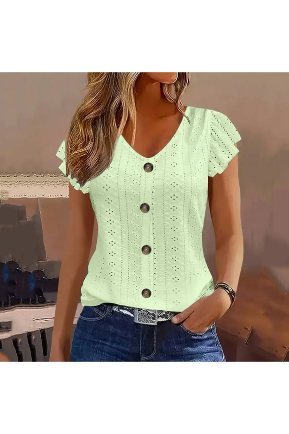 Cute Spring Tops for Women Green Eyelet T-Shirt Short Sleeve V-Neck Flutter Sleeve Going Out Tops