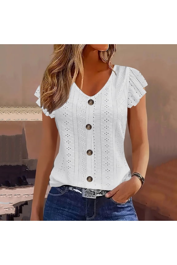 Cute Spring Tops for Women White Eyelet T-Shirt Short Sleeve V-Neck Flutter Sleeve Cute Tops