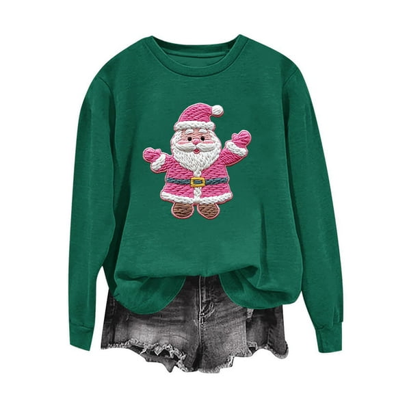 Aobny Cute Tops for Women Army Green Christmas Long Sleeve Sweatshirt Crew Neck Pullover Santa Vacation Tops,L