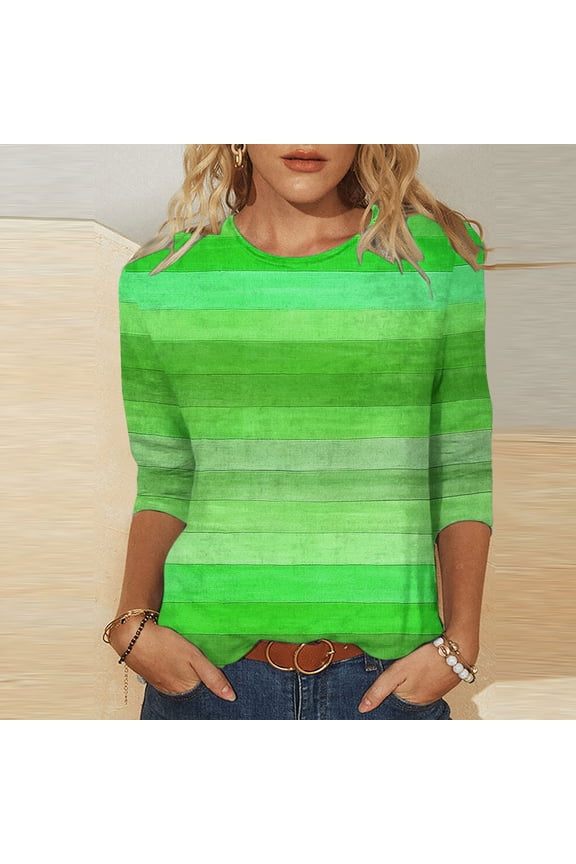 Cute Tshirts Shirts for Women Striped Plus Size Green T-Shirt 3/4 Sleeve Crew Neck Ladies T Shirts,M