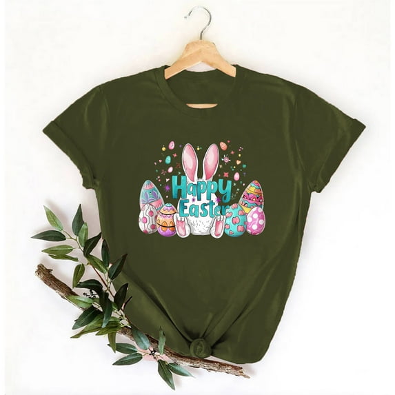 Aobny Cute Women's Leisure T-Shirts Easter Rabbits Green Clothes Bunnies Short Sleeve Crew Neck Womans Blouses
