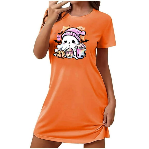 Aobny Cute Women's Nightgowns Ghost Orange House Dress Short Crew Neck Short Sleeve Cute Pajamas for Women,M