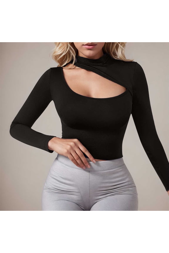 Cutout Womens Tops Mock Neck Black Long Sleeve Asymmetrical Tees Golf Shirts for Women,M