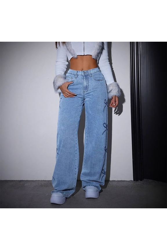Denim Jeans Loose Women Blue Bow Jeans High Waisted Full Boyfriend Woman Jeans