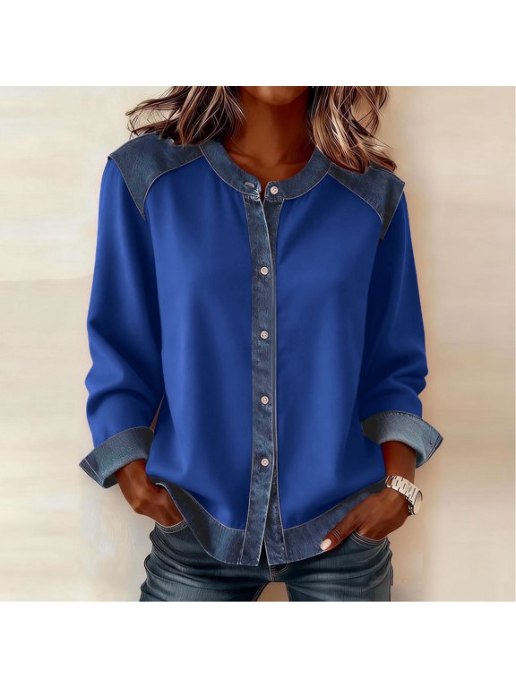 Denim Teacher Shirts Button Down Womens Blouse Pullover Crew Neck Blue Long Sleeve Christmas Tee Shirts,XL