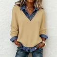 thumbnail image 1 of Aobny Denim Womens Tshirts Button Tops Collared Pullover Beige Long Sleeve Work Blouse,XXL, 1 of 7