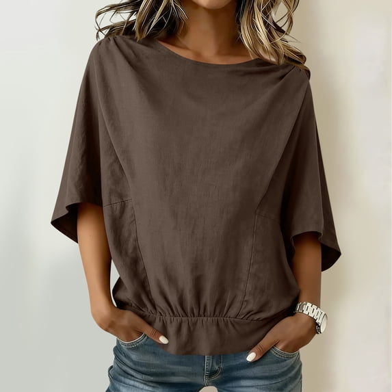 Aobny Dolman Sleeve Tshirts for Women Plain Cotton Linen T-shirts Brown Boat Neck 3/4 Sleeve Women T Shirt,S