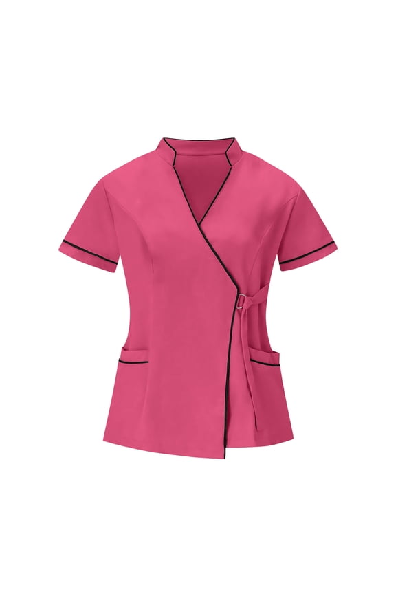 Dressy Blouses for Women Nurse Scrub T-shirts Blouse Short Sleeve V-Neck Hot Pink Tee Shirts,L