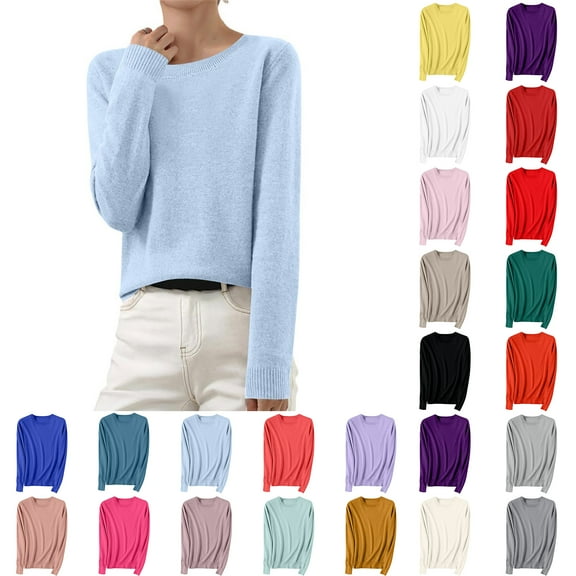 Aobny Dressy Tops for Woman Gray Sweater Solid Crew Neck Long Sleeve Knitted Pullover Juniors Tops Fashion