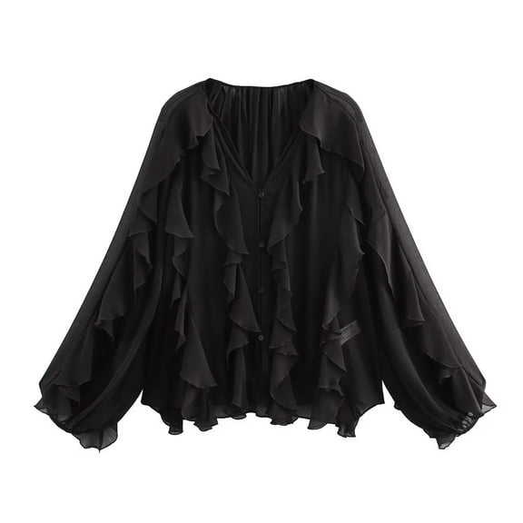 Aobny Dressy Womens Fitted Tshirt Ruffle Black Shirt Long Sleeve V-Neck Dressy Tops,XS