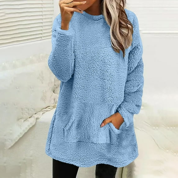 Aobny Elegant Tops for Woman Pajama Blue Crew Neck Solid Long Sleeve with Pocket Pullover Tops for Junior Dressy