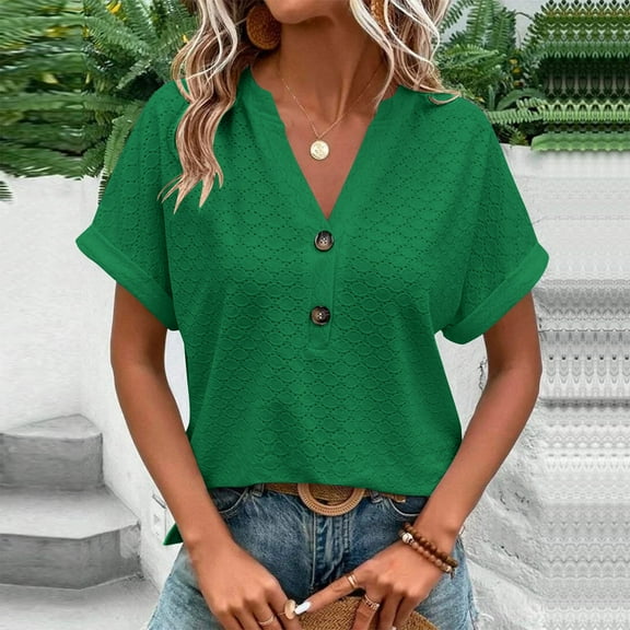 Aobny Eyelet Blouses for Women Casual Summer Button Green Plus Tops Blouse V-Neck Short Sleeve Shirts Women,XXXL