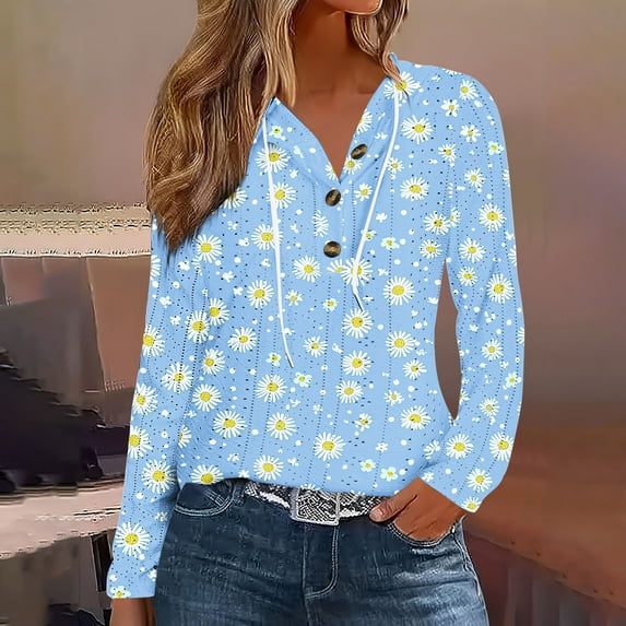 Aobny Eyelet Cute Summer Tops for Women Flowers Blue Hoodie Hooded Long Sleeve Country Concert Tops