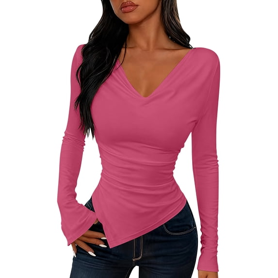 Aobny Fall Blouse Basic Women Compression Clothing Long Sleeve Red V-Neck Pullover Tops,M