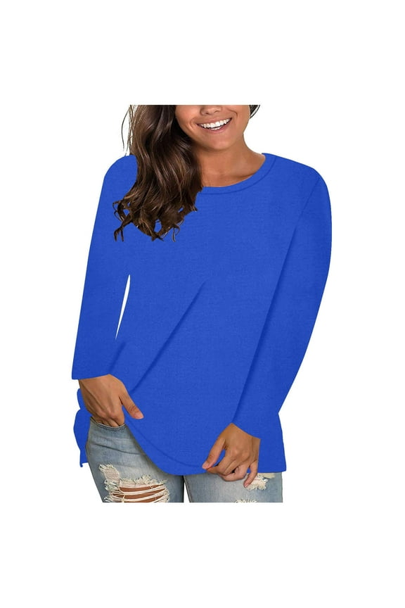 Fall Blouses Blue Women Long Sleeve Crew Neck Tees Loose Oversized T Shirts for Women,S