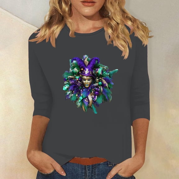 Aobny Fall Blouses Mardi Gras Carnival Womens T-shirts Gray Crew Neck 3/4 Sleeve Pullover Plus Size Tops,M