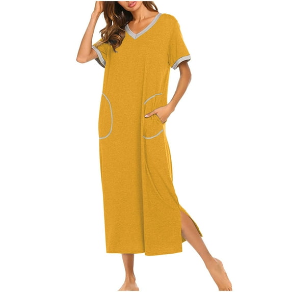 Aobny Fall Nightgowns for Women Polyester Yellow V-Neck Long Short Sleeve Solid with Pockets Adults Nightgowns Soft