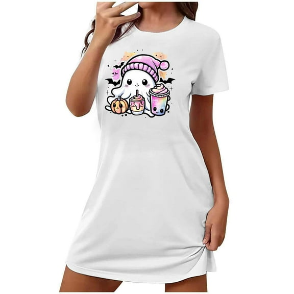 Aobny Fall Pajamas for Women Ghost Cute White House Dresses Short Crew Neck Short Sleeve Chemise,M