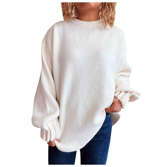 Aobny Fall Sweater Women Plain Tunic White Sweaters Boyfriend High Neck Garter Stitch Long Sleeve Beach Tops for Women,S