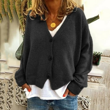 Aobny Fall Sweaters for Woman Lightweight Black Solid V-Neck Long Sleeve Button Up Cardigan Juniors Sweaters Work