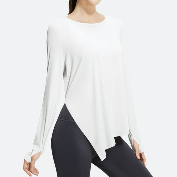 Aobny Women'S Solid Color Crew Neck Long Sleeve Casual Shirt,White,L