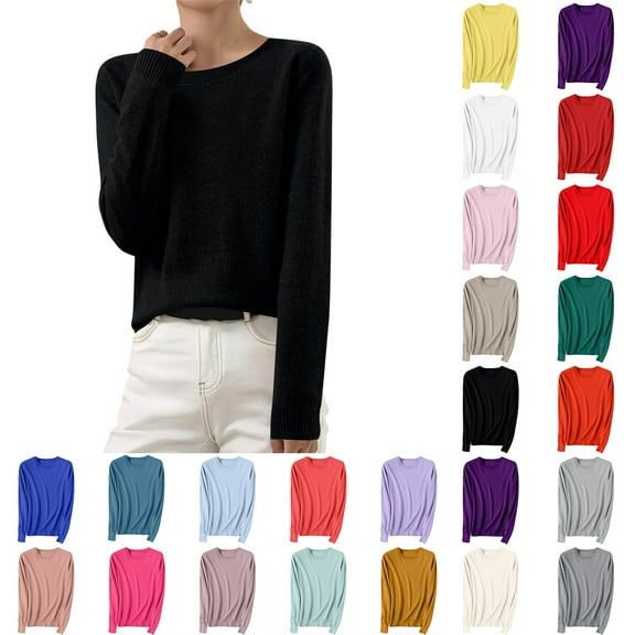 Aobny Fall Tops for Woman Gold Sweater Solid Crew Neck Long Sleeve Knitted Pullover Juniors Tops Fashion