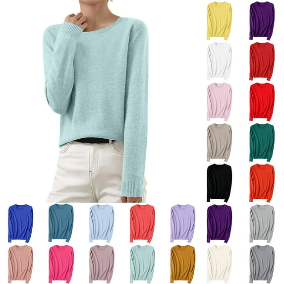 Aobny Fall Tops for Woman Sweater Pink Knitted Solid Long Sleeve Crew Neck Pullover Juniors Tops Trendy