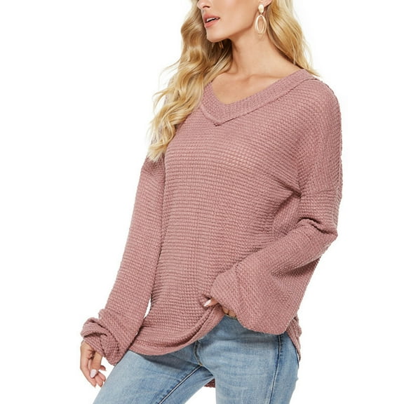 Aobny Fall Womens Sweaters Lightweight Pink Waffle V-Neck Long Sleeve Solid Pullover Sweaters for Lady Cozy