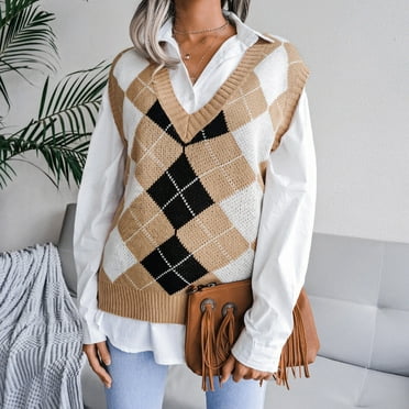 Aobny Fall Womens Sweaters Sweater Vest Yellow V-Neck Argyle Sleeveless Knitted Pullover Ladies Sweaters Dressy