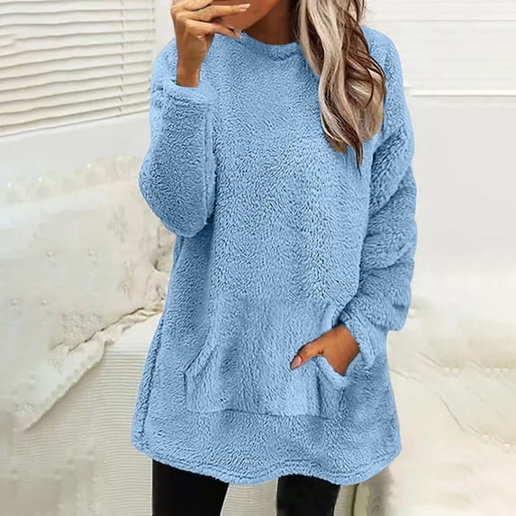Aobny Fancy Tops for Woman Pajama Blue Crew Neck with Pocket Solid Long Sleeve Pullover Tops for Junior Dressy