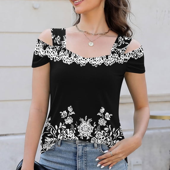 Aobny Fancy Tops for Women Off The Shoulder Black Floral T-Shirt Short Sleeve V-Neck Womens Cute Summer Tops