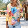 thumbnail image 1 of Aobny Fancy Tops for Women Plus Size Orange Floral T-Shirt 3/4 Sleeve Square Neckline Sexy Tops for Women Going Out, 1 of 7