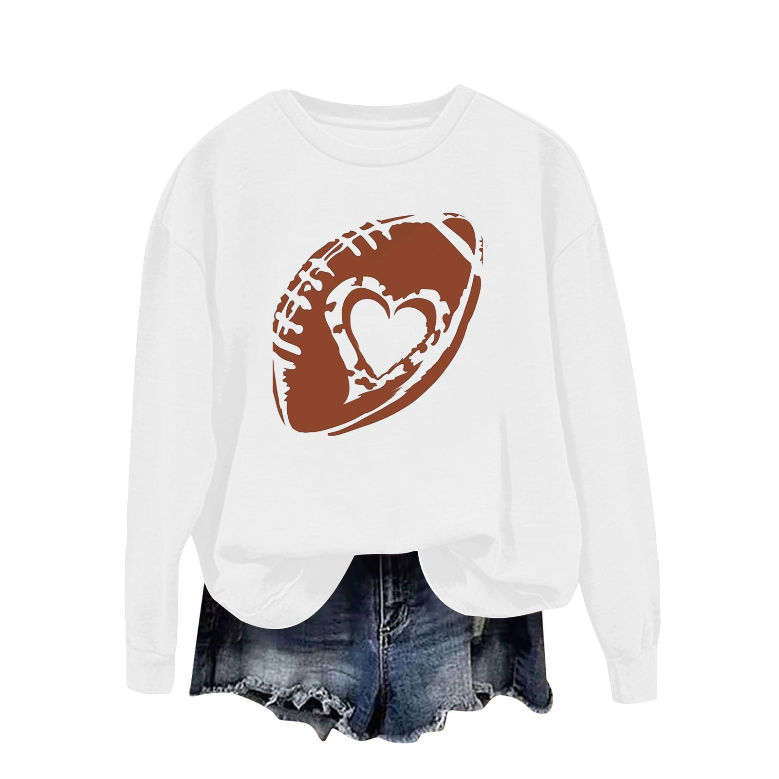 Aobny Fancy Tops for Women White Sweatshirt Football Plus Size Crew