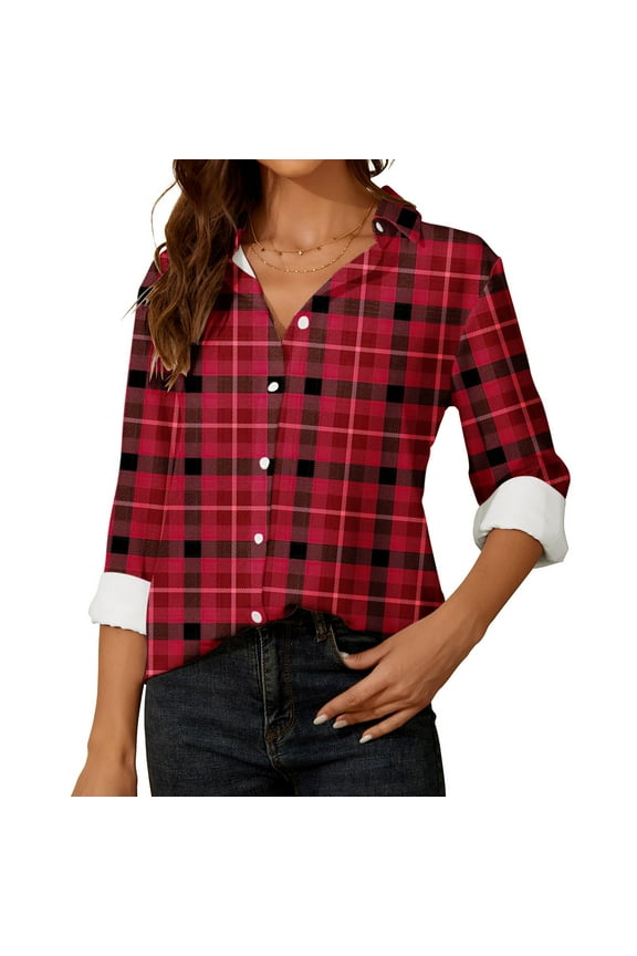 Fancy Womens Shirts Red Formal Button Down V-Neck Plaid Long Sleeve Blouse Juniors Shirts Casual