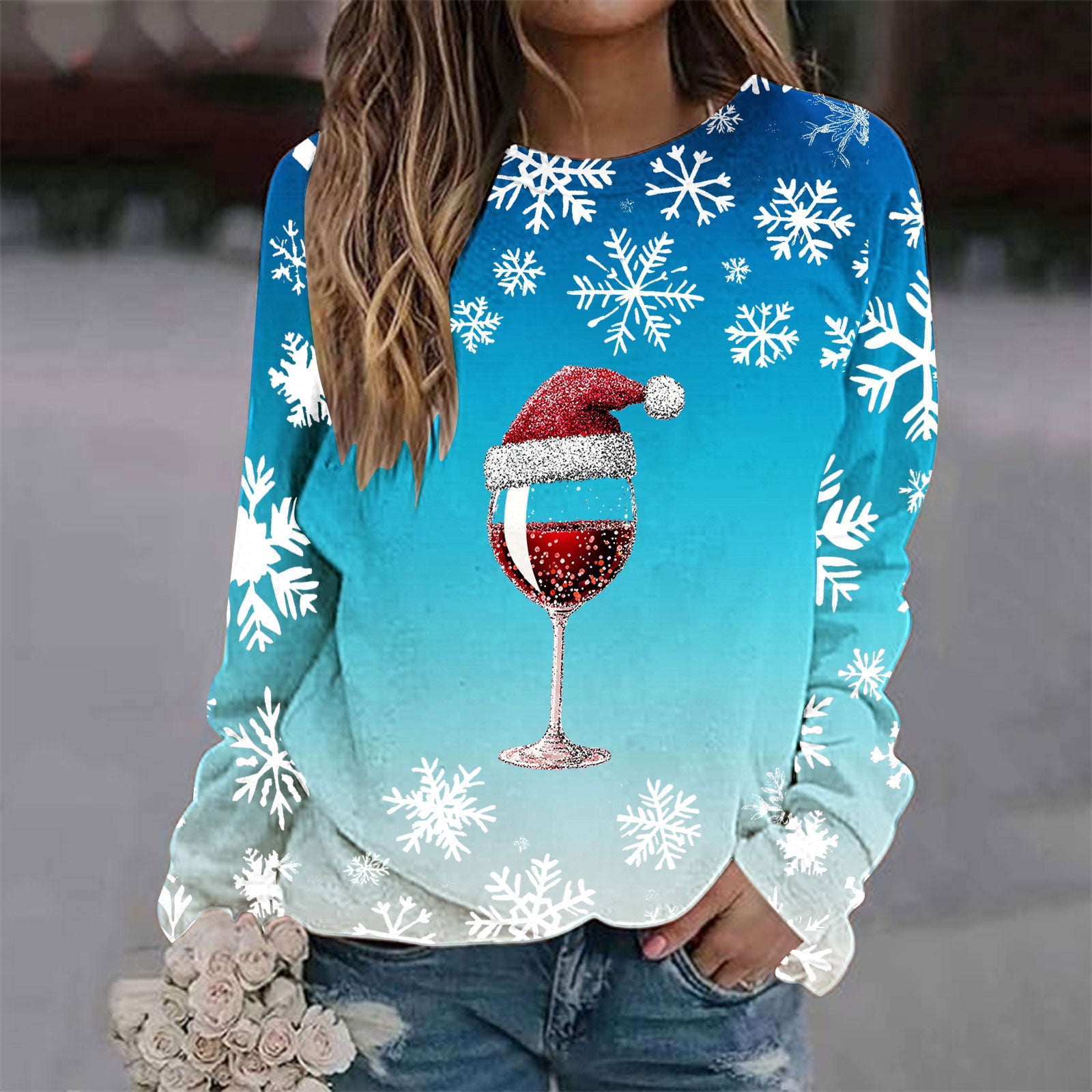 Aobny Fashion Streetwear Sweatshirts For Women Santa Blue Snowflack